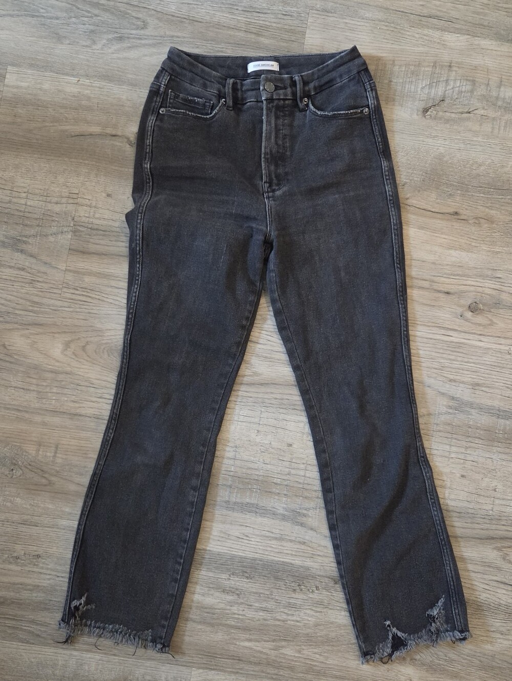 Good American Good Curve High-Rise Washed Black Denim Raw Hem Jeans, 6/28